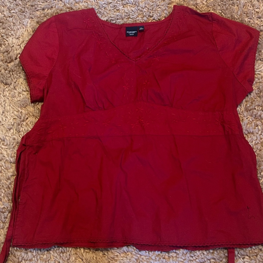 Sonoma Life + Style Woven Cotton Embroidered V-Neck Tie Back Blouse /2X
